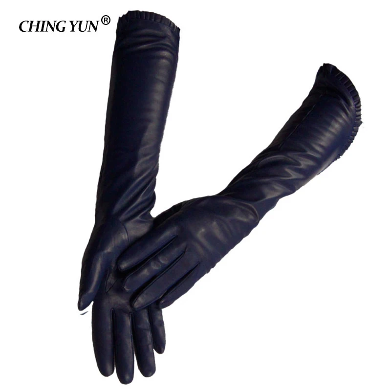 Chingyun Winter Lady Mode Schapenvacht Leren Handschoenen Vrouwen Echt Lederen Wanten Dames Lange Stijl Houden Warme Arm Mouw