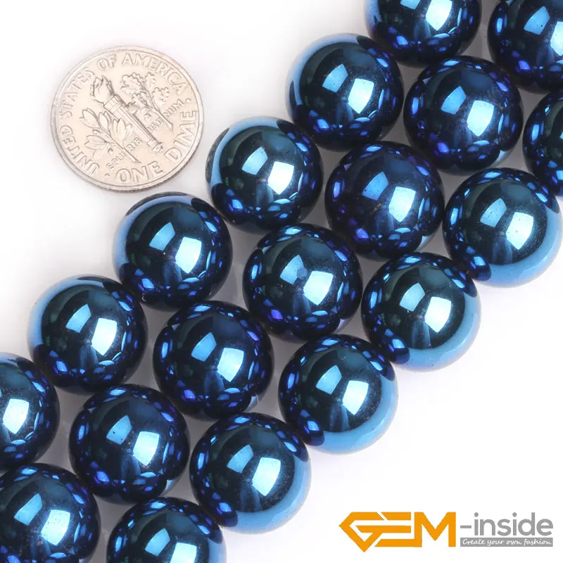 Blue Metallic Coated Round Reflection Magnetic Hematite Beads For Jewelry Making Strand 15\