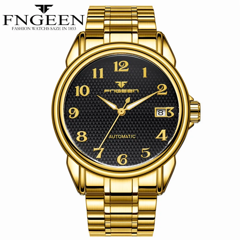 FNGEEN Brand Steel Mechanical Watches for Elder Men Top Quality Waterproof Luminous Digital Wristwatch Auto Date Saat Gold Watch