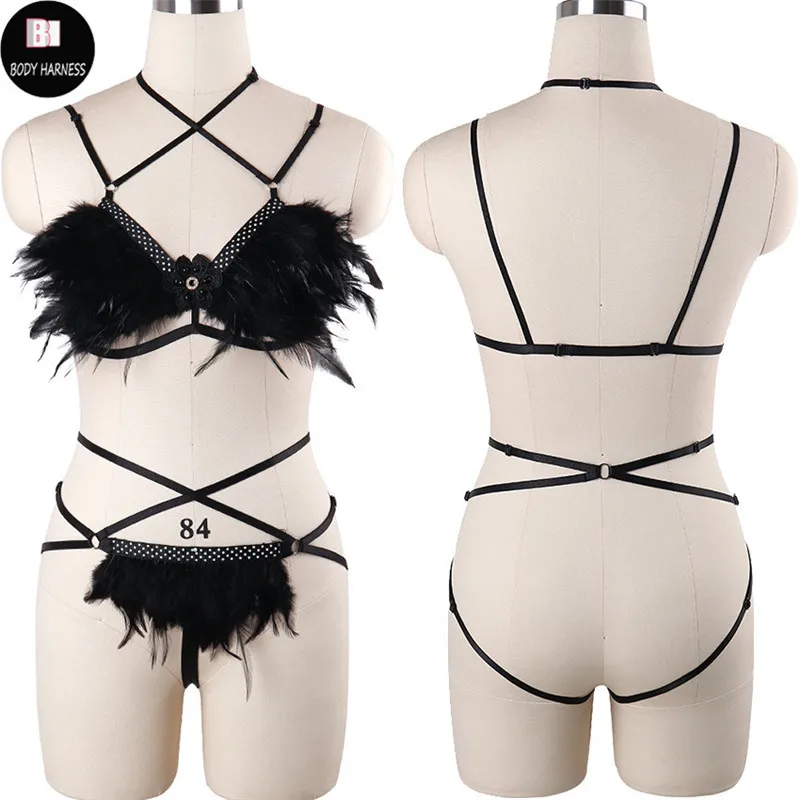 

Women Black Crop Top Feather Harness Bra And Feather Bottom G-string Bondage Body Harness Set Rave Sexy Goth Lingerie Suit