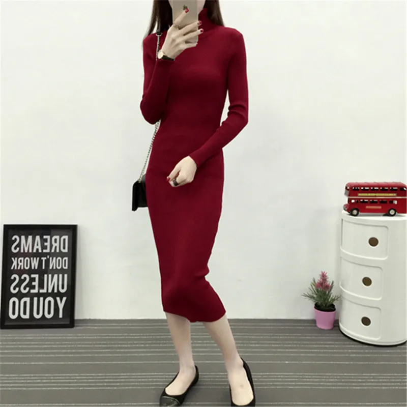 Mới Thu Đông Nữ Dệt Kim Mặc Áo Len Cao Cổ Áo Nữ Slim Ôm Body Tay Dài Đáy Đầm Vestidos PP003