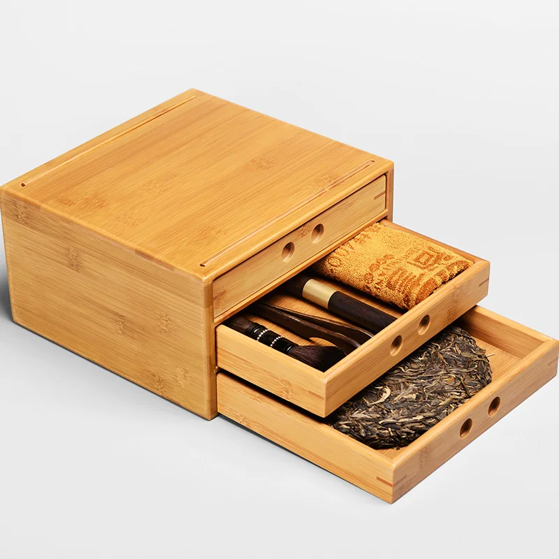 

Коробка для чая из бамбука Pu'er, шкаф для чайного торта Puer с выдвижным ящиком, два и три слоя, инструменты для чайного набора