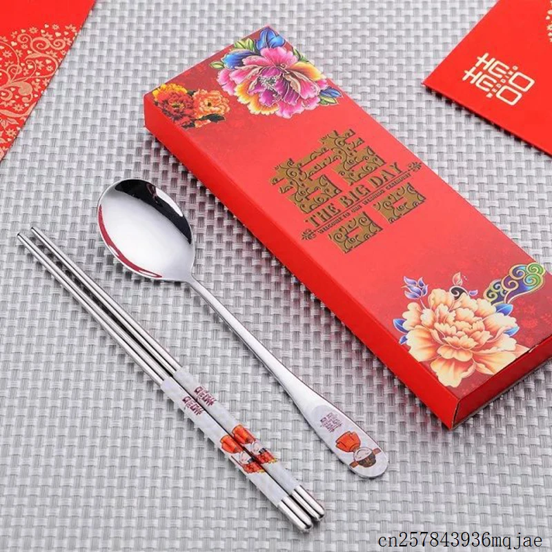 

100sets Spoons Chopstick Sets Double Happiness Dinnerware Stainless Steel Material Wedding Party Gifts for Guest