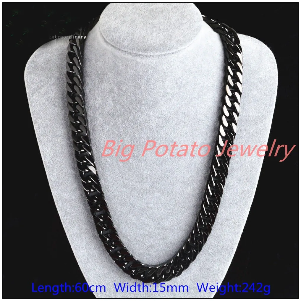 

24"*15MM 242G Heavy Gift 316L Stainless Steel Classic Black Curb Cuban Chain Men's Necklace Fashion Jewelry High Quality