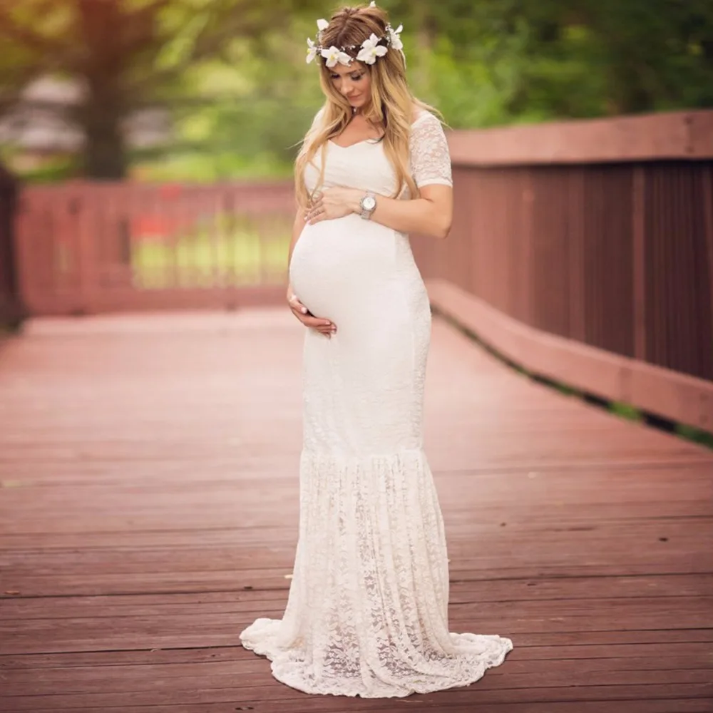 

New 2020 Lace Maternity Dress Gown Wedding Party Photography Props Dresses V Neck Long Maxi trumpet Dresses for Pregnant Women