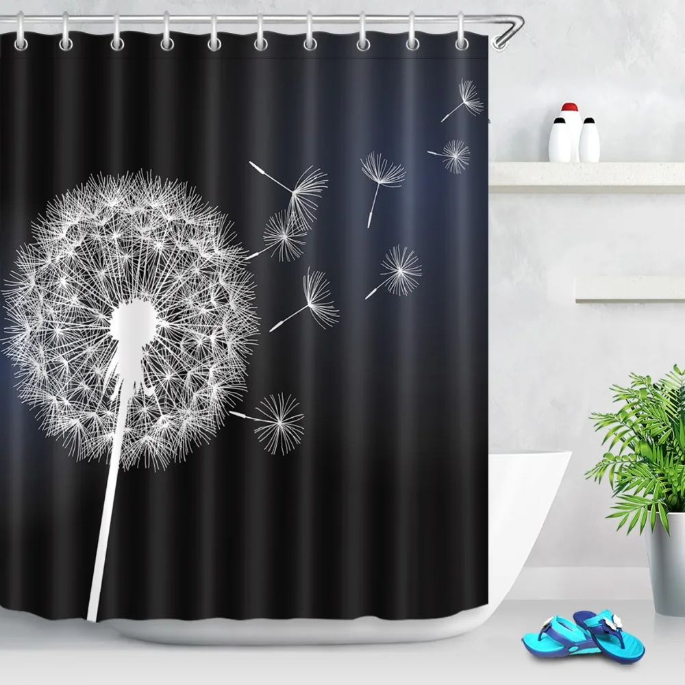 180*180 Flower Dandelion White on Black Shower Curtains Washable Bathroom Curtain Floral Fabric Polyester for Bathtub Decor