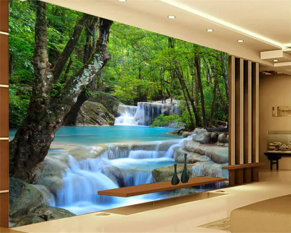 

Beibehang 3D Wallpaper HD Forest River Waterfall Backdrop Decoration Painting Room Bedroom TV Background Mural papel de parede