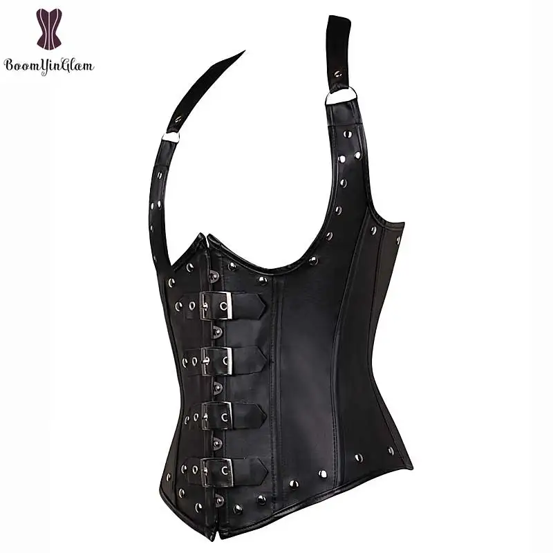 Faux Leather Steampunk Corset Sexy Women Everyday Outwear Front Buckle Closure Rivet Underbust Shoulder Strap Corselet Bustier