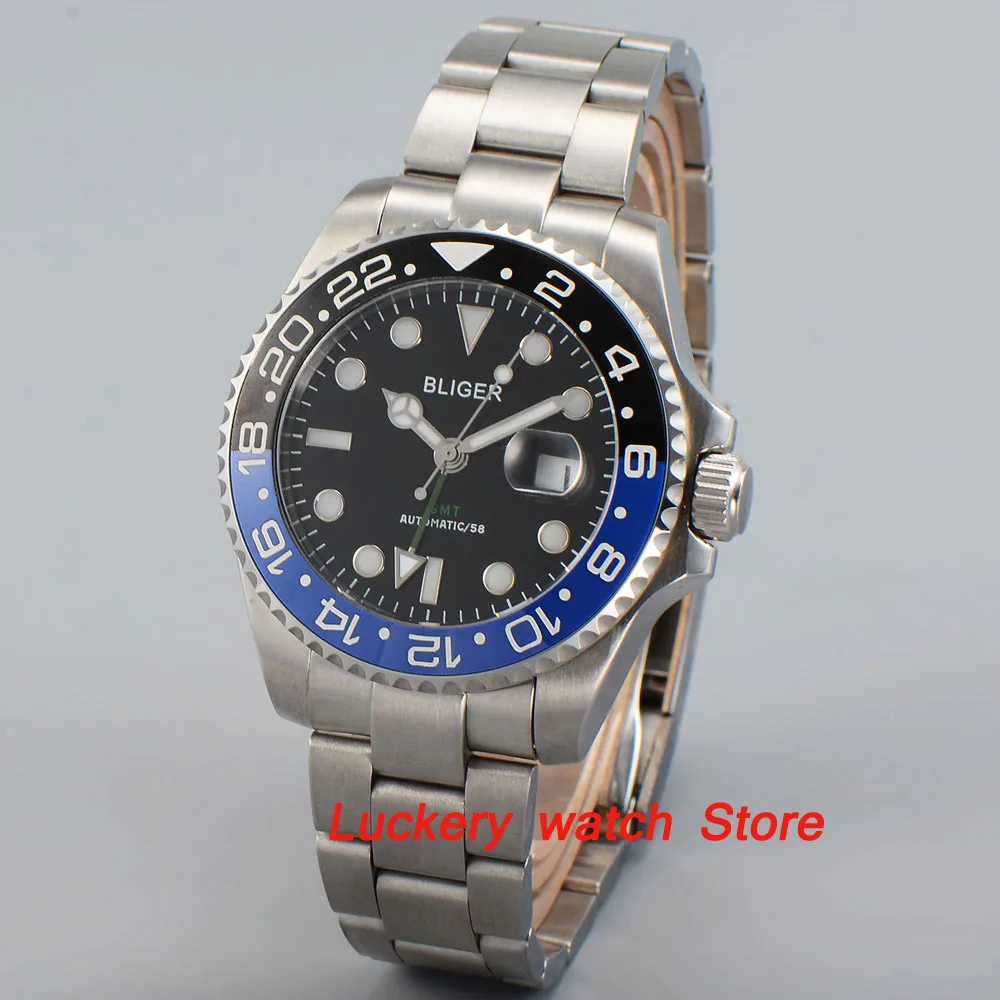 Bliger 40mm black dial luminous saphire glass;black and blue Ceramic Bezel GMT Automatic movement men's watch-BA21