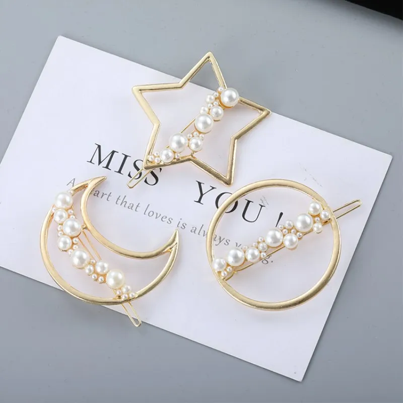 1Pc Fashion Crystal Rhinestones Hairpin Star Triangle Round Shape Women Hair Clips Pearl Barrettes Styling Accessories