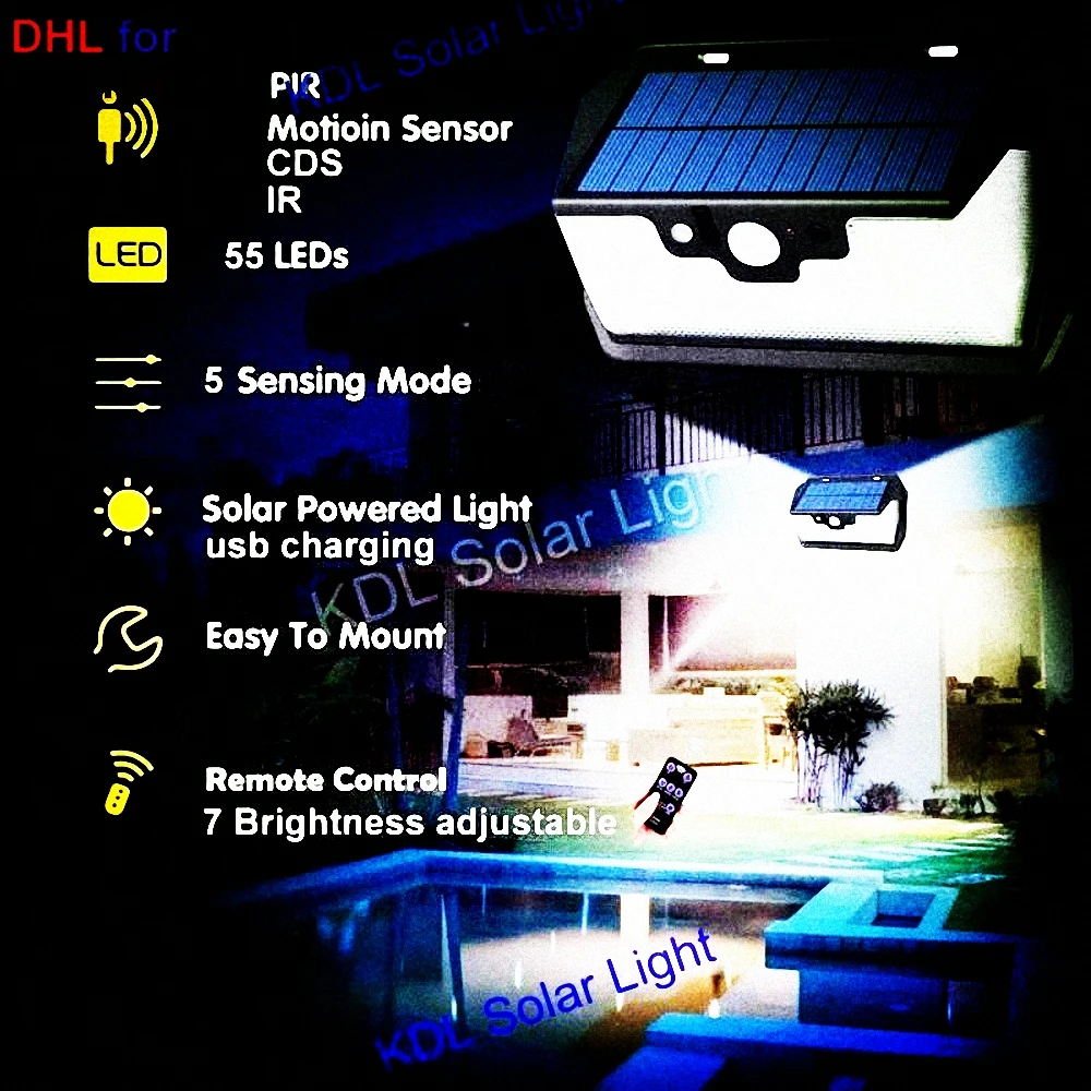 55 LED 900lm Solar Light remote control radar smart  3 side lighting  solar 550lm 4W IP  camp  se street wall lamp yard