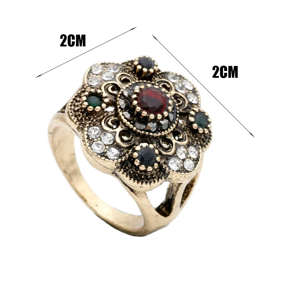 Fashion Turkish Women Round Flower Vintage Rings Antique Gold Color Hollow Resin Jewelry Indian Bridal Wedding Ethnic Bijoux