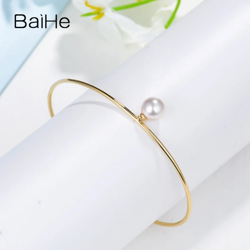 BAIHE Solid 18K Yellow Gold 7.5mm Natural Freshwater Pearl Bracelet Women Fine Jewelry Perlový náramek Pulsera perlas pulseras