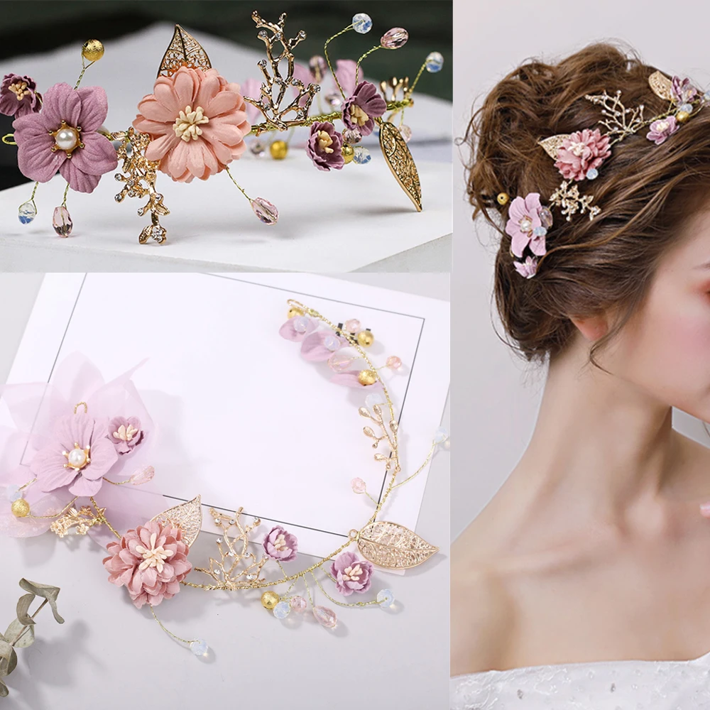 Bride Headpiece Crown Headband Headwear Pearl Wedding Headdress Handmade Romantic Flower Tiaras Hair Jewelry Accessories