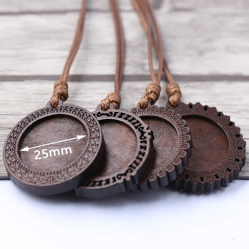 onwear 5pcs 25mm round wood cabochon blanks diy blank cameo pendant base setting trays with leather cord for jewelry making