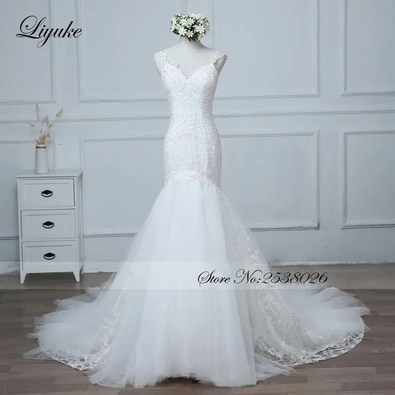 Liyuke Fabulous Pearls  Mermaid Wedding Dress Court Train Backless Beading Elegant Spaghetti Straps Bridal Dresses