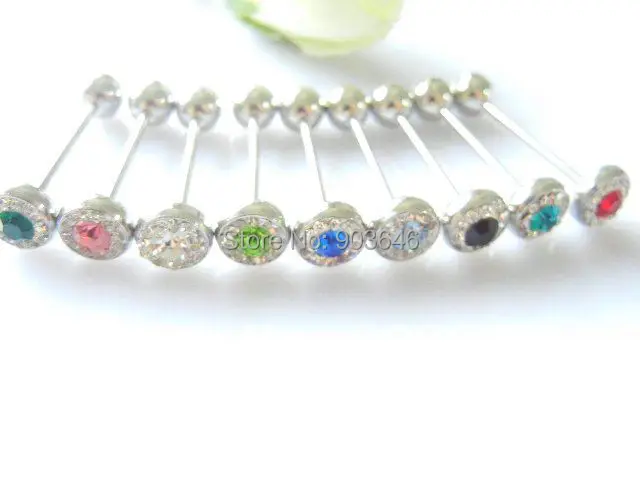 LOT50pcs Free shippment Body Piercing Jewelry-Crystal Tongue Ring Bar/Nipple Barbells 14g~1.6mm Mix Colors