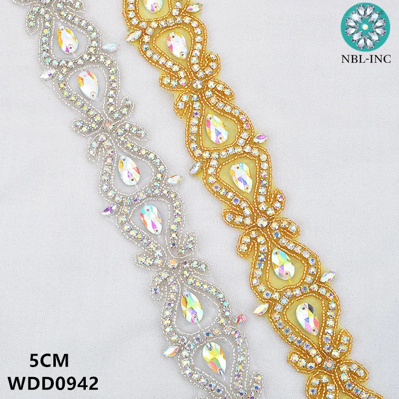 

(10 yards )Bridal beaded gold AB crystal Rhinestone Applique Trim iron on for wedding dress rhinestone applique belt WDD0942