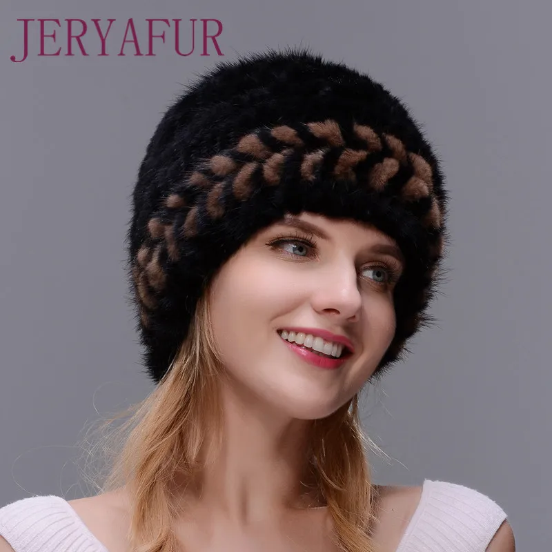 Winter Warm Hat Real Natural Mink Fur Ear Warm Cap For Women Two-color Spiral Weaving With Small Fox Fur Pompom On The Top