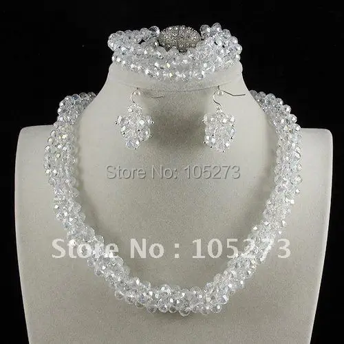 Charming!Nice white Color Crystal Bead Necklace Bracelet Earring Jewelry Set AA 6X8MM Magnet Clasp Wholesale Free Shipping A2658