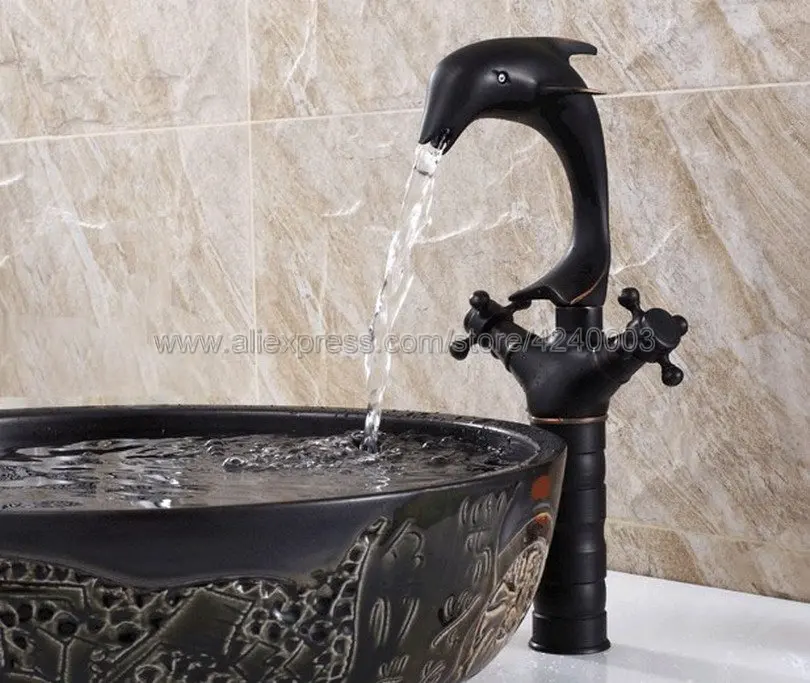 Dolphin Style Basin Faucet Black Brass Bathroom Vessel Sink Faucet - One Hole / Double Handle Deck Mounted Knf315