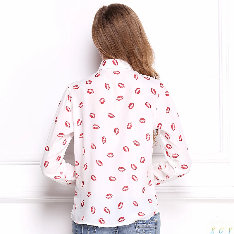 Hot Casual Slim Women Button Down OL Shirt Blouse Collared Chiffon Long Sleeve Kiss Lip Printed Blouse Women Fashion Clothing