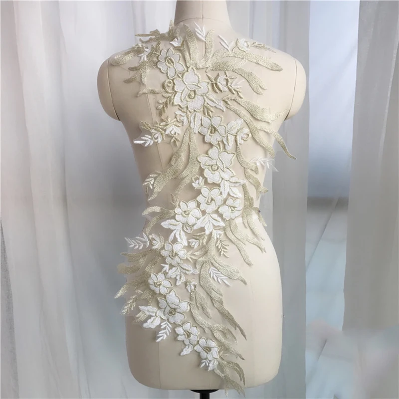 

1Pc Embroidery Corded Lace Applique Gold Ivory Lace Patch Sewing Bridal Wedding Dress