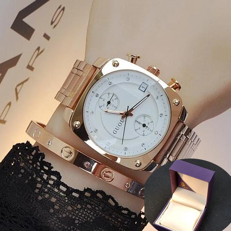 Fashion Brand Lady Man Unisex Luxury Rose Gold Steel & Leather Dress Calendar Watch Square Dial Waterproof Clock Gift For Lover