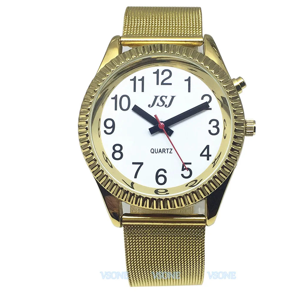 French Talking Wristwatch with Alarm of Quartz, Talking Date and time, Golden Color, White Dial