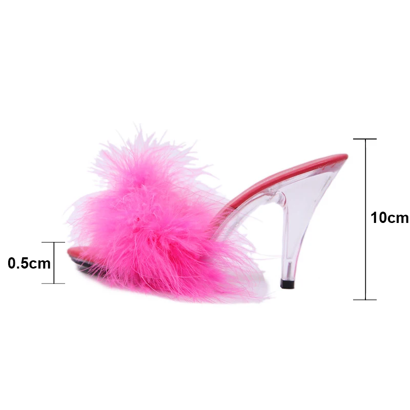 Sexy 7CM 10CM Feather Party High Heels Shoes Women Summer Fur Transparent Slippers Plus Size 34-45 Ladies Sandals WS0019