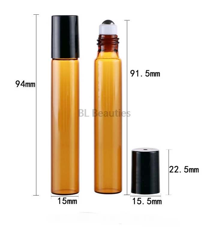 10ml Amber ROLL-ON GLASS Essential Oil BOTTLE Refillable Brown Roller Ball Stainless Steel Metal Ball Perfume Bottles 15*94mm