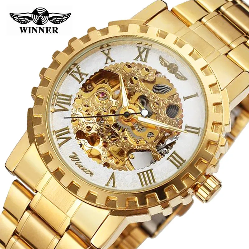 Fashion Skeleton Automatic Mechanical Winner Gold Men Dress Stainless Steel Bracelet Sport Luxury Male Clock Business Wristwatch