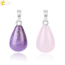 CSJA Natural Stone Water Drop Pendant Pear Shape Bead Purple Crystal Pink Quartz Simple Pendants for Necklace Women Jewelry F520