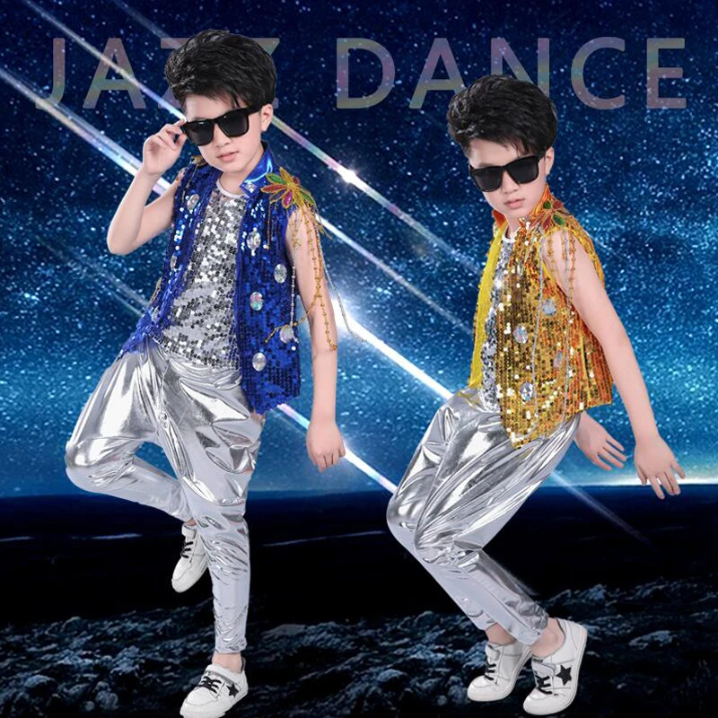 Boys Girls Sequined Hip Hop Costumes Jazz Ballroom Tap Dancing Tops + Pants Children Dance Stage Wear Kids Party Dancewear