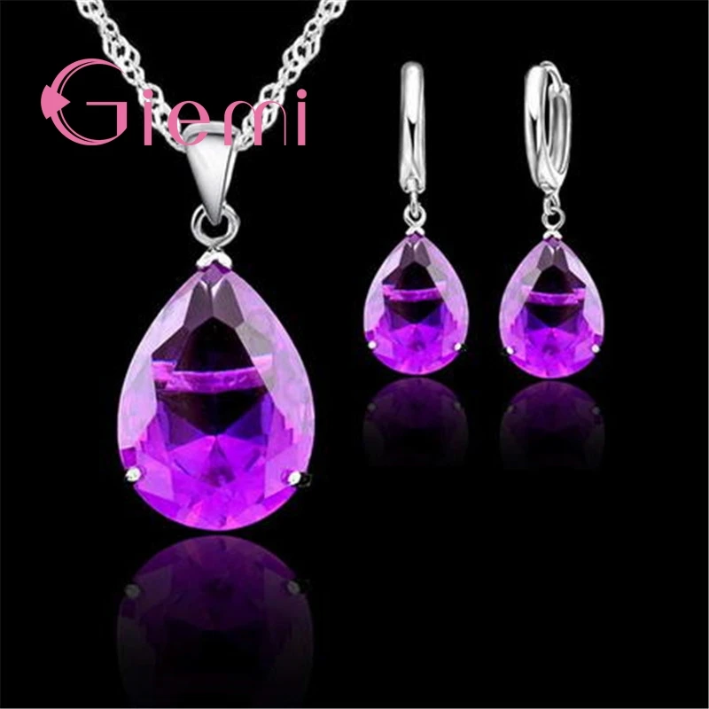 Luxury Drop Shape Large Red Crystal Stone Necklace Earrings 925 Sterling Silver and CZ Wedding Ceremony Jewellery Set