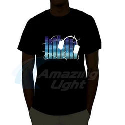 Blue Headphone Music Activated EL Tshirt Cold Light Sound Activated Equalizer LED T-Shirt For Bar Rock Disco With DC3V Inverter