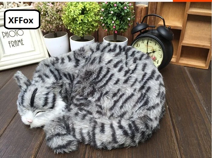 big real life sleeping cat model plastic&furs cute gray stripe cat doll gift about 29x31x10cm xf1430