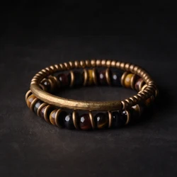 Colorful Tiger Eye Stone Bracelet Mixed Hand Beaten Vintage Pure Copper Street Punk Jewelry Male Female Unisex Accessories