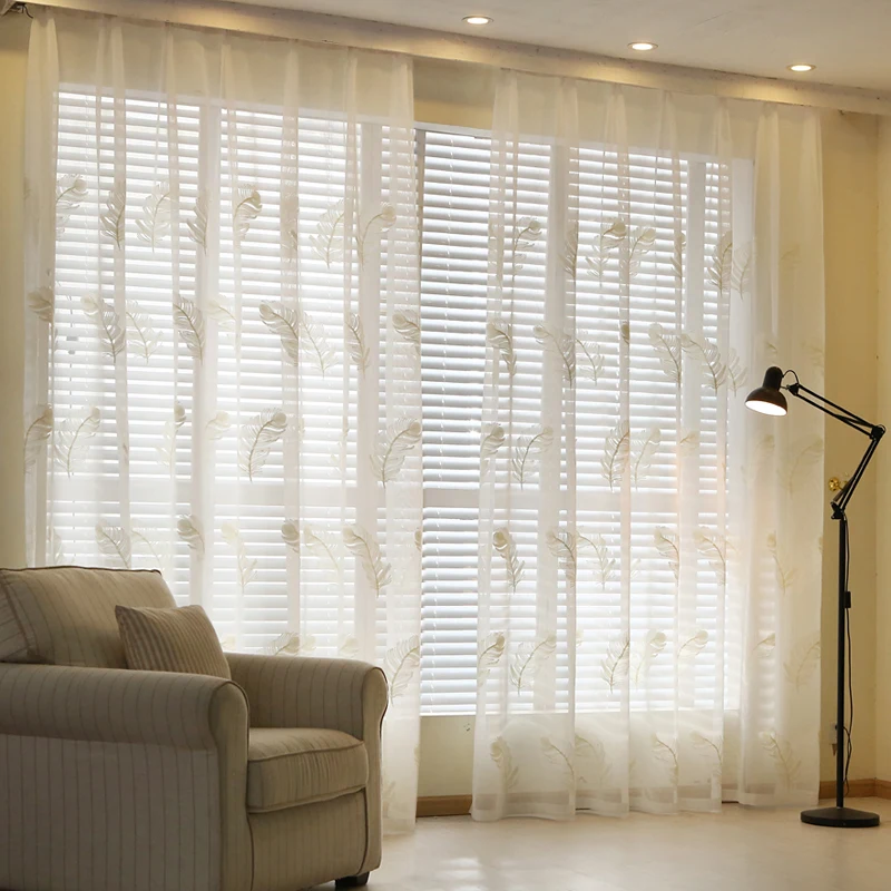 Embroidered Feather Curtains Pure Sheer Window Modern Curtains for Living Room Bedroom White Blue Tulle Curtains Drapes