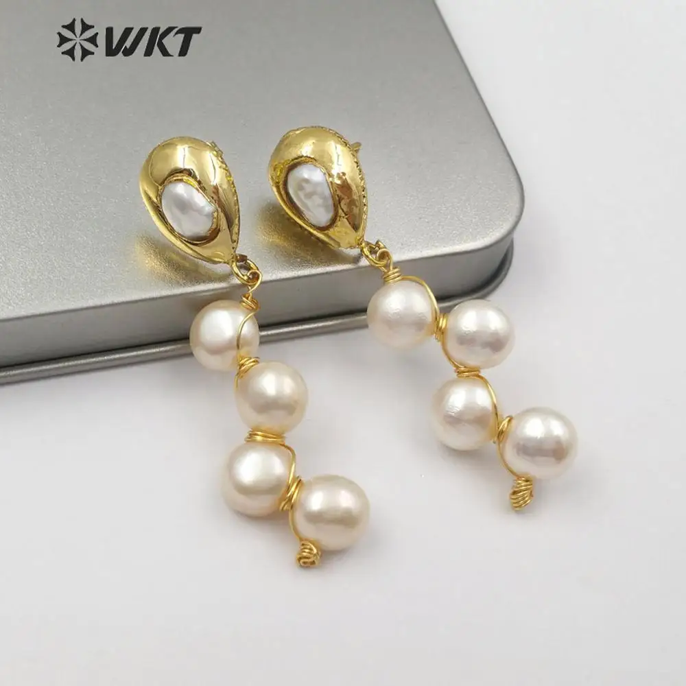 WT-E529 WKT Freshwater Pearl Earring Four pieces Round Shape White Pearl With Wire Wrapped Earring For Wedding Jewelry