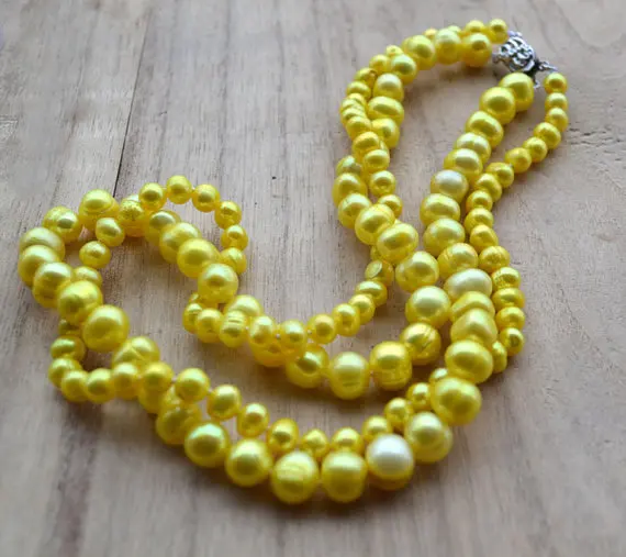 Perfect Women's Pearl Necklace,2Rows Yellow Color 100% Real Freshwater Pearl Necklace,6-8mm 18 inches Pearl Jewelry.