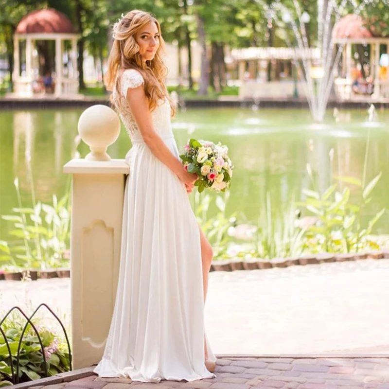 Vestido de novia largo de Playa con mangas de casquillo, cuello en V, gasa, bohemio, con apliques delanteros, vestido de novia dividido