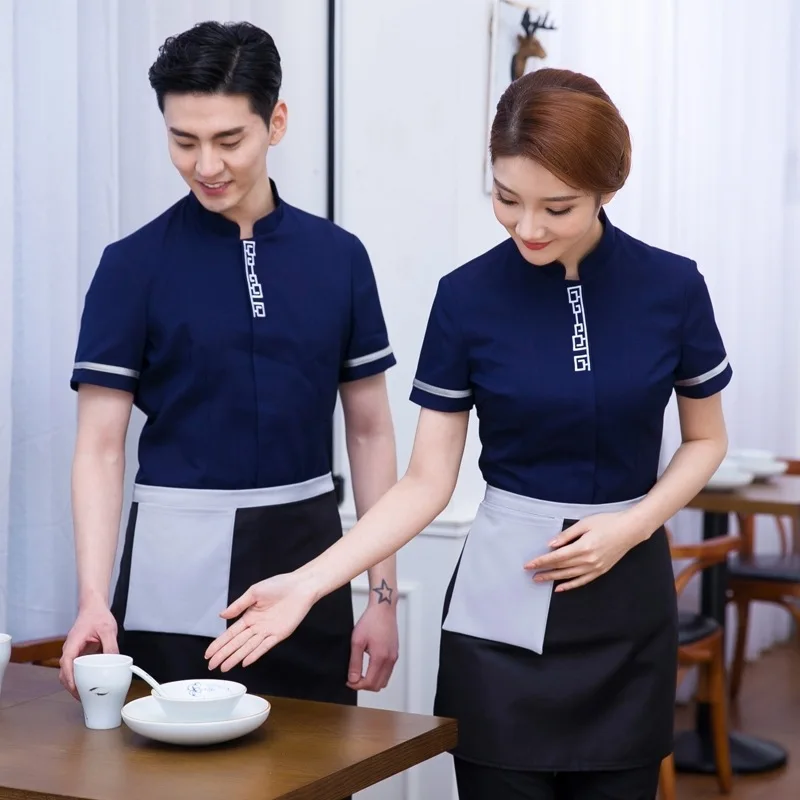 

Hotel Workwear Men Women Hot Pot Shop Restaurant Waiter Short Sleeve Catering Uniform Summer Waitress Single Top Overalls H2212