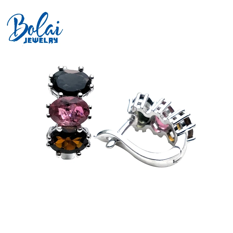 Bolaijewelry,natural multicolor tourmaline oval 5*7mm gemstone clasp earring 925 sterling silver fine jewelry women gift box