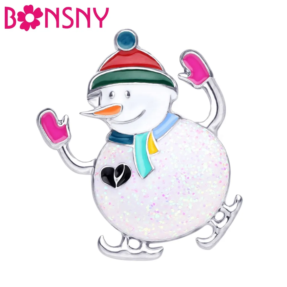 Bonsny Enamel Alloy Christmas Skiing Snowman Brooches Cartoon Scarf Clothes Pin Jewelry For Women Girls Teens Gift Navidad New