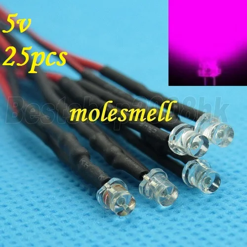 

25pcs 3mm 5v Flat Top Pink LED Lamp Light Set Pre-Wired 3mm 5V DC Wired 3mm big/wide angle Pink 5v led