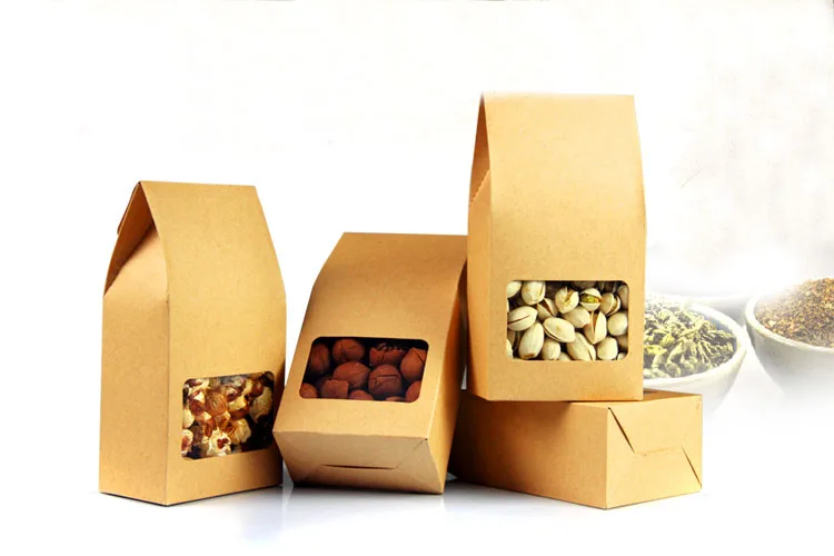 100pcs Kraft Paper Bags/boxes Paper Brown Stand Up Window For Wedding/Gift/Jewelry/Food/Candy/Party Favors Storage Packing Bags