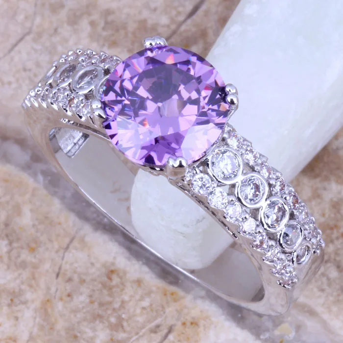 Sparkly Purple Cubic Zirconia White CZ Silver Plated Women's Jewelry Ring Size 6 / 7 / 8 / 9 R0646