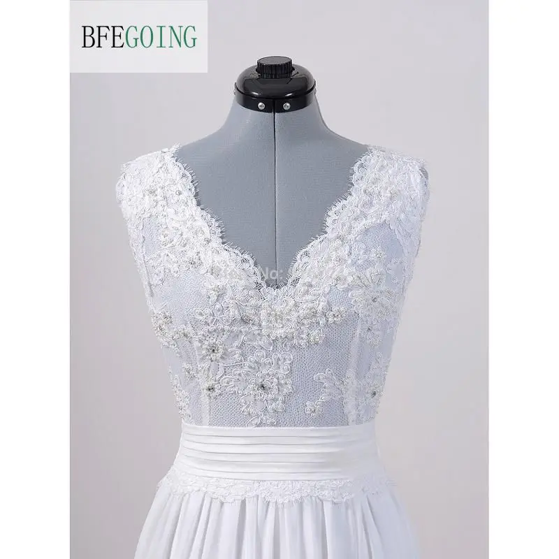 Novo chiffon a linha até o chão vestido de casamento vestido de noiva pérolas frisado rendas-appliques com decote em v faixa branco marfim feito sob encomenda