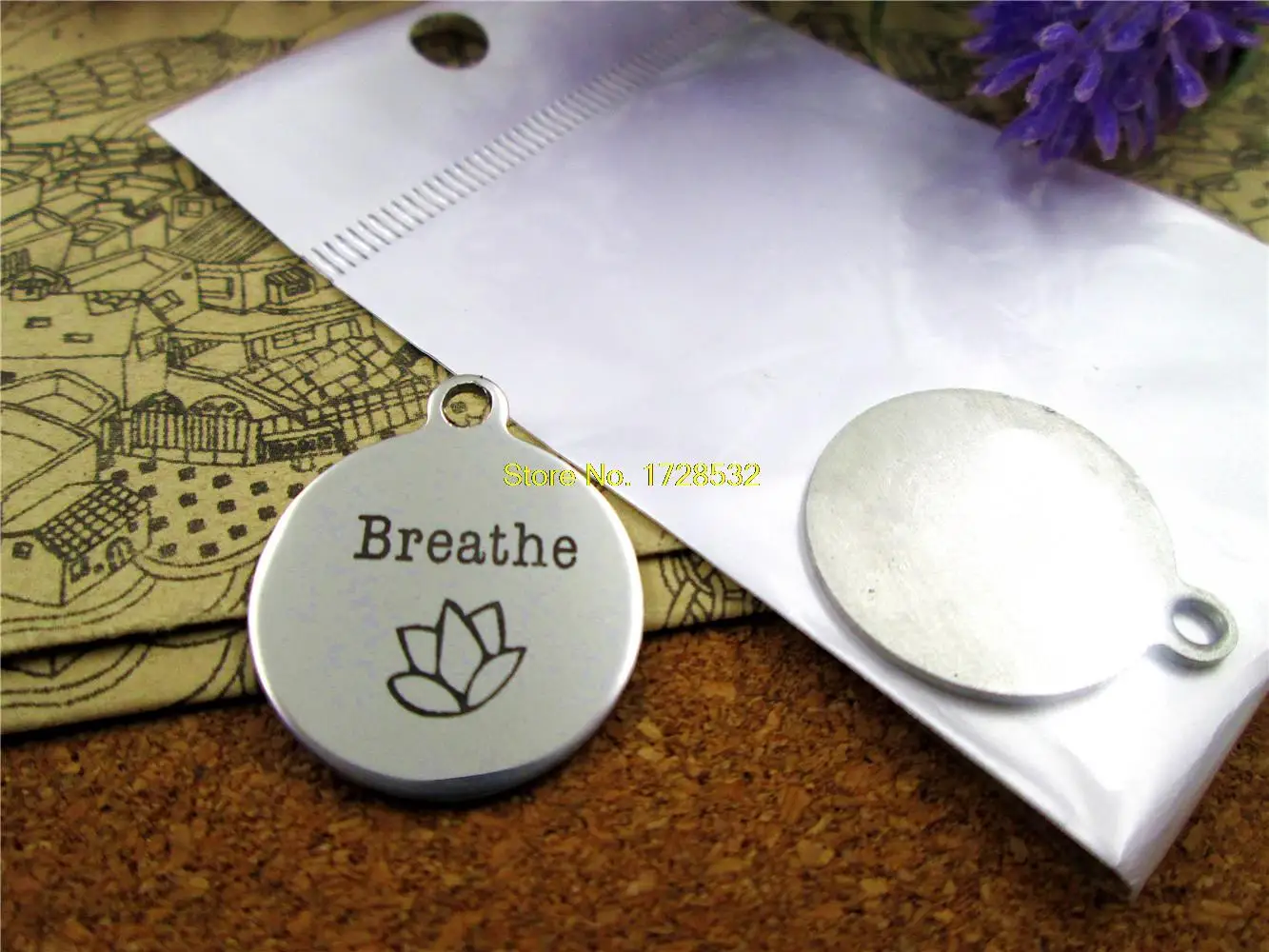 

20pcs--20mm stainless steel circle round "breathe lotus"one side DIY Charms Pendants
